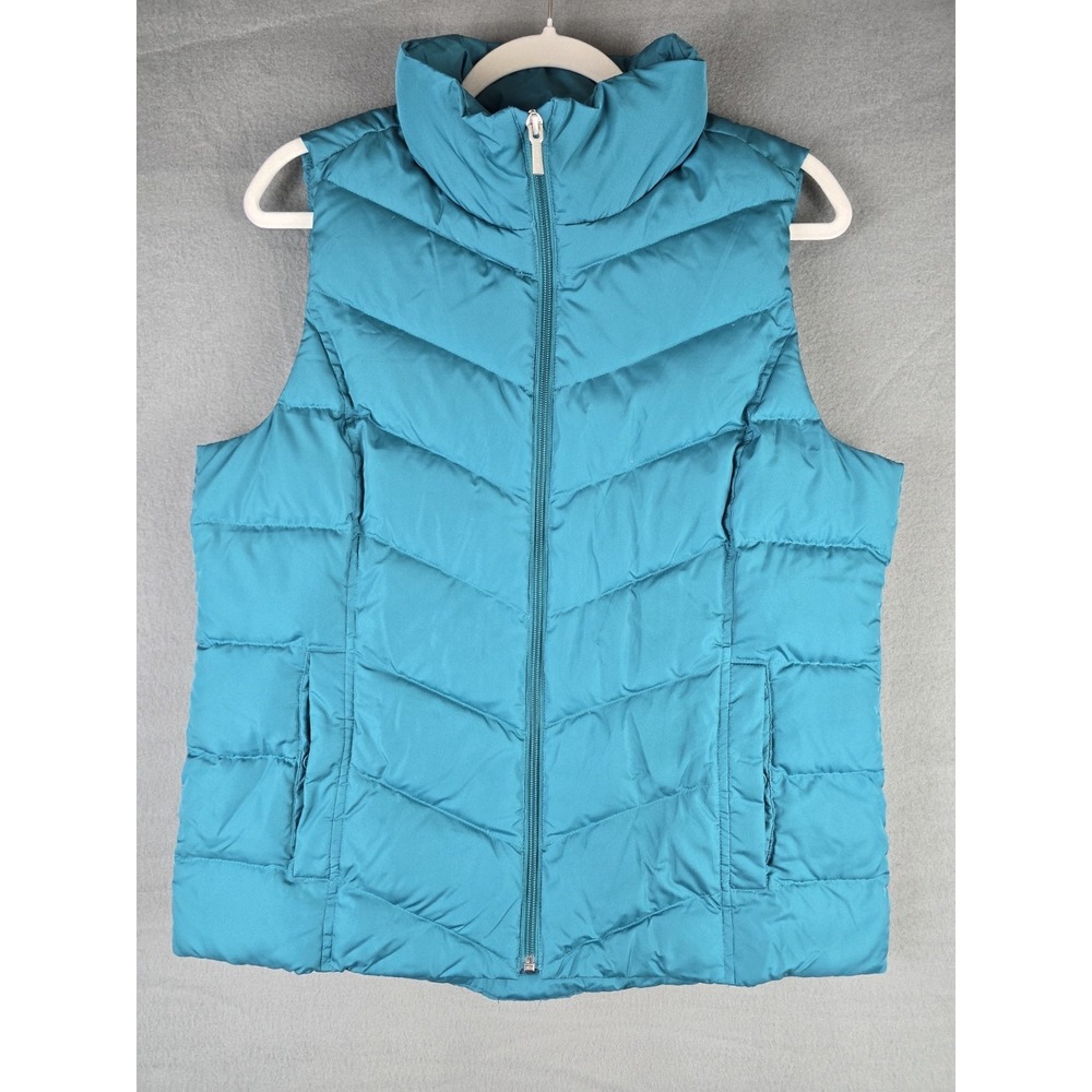Lands End Womens Teal Blue Down Puffer Vest Chevron Quilted Zip Size M 10-12